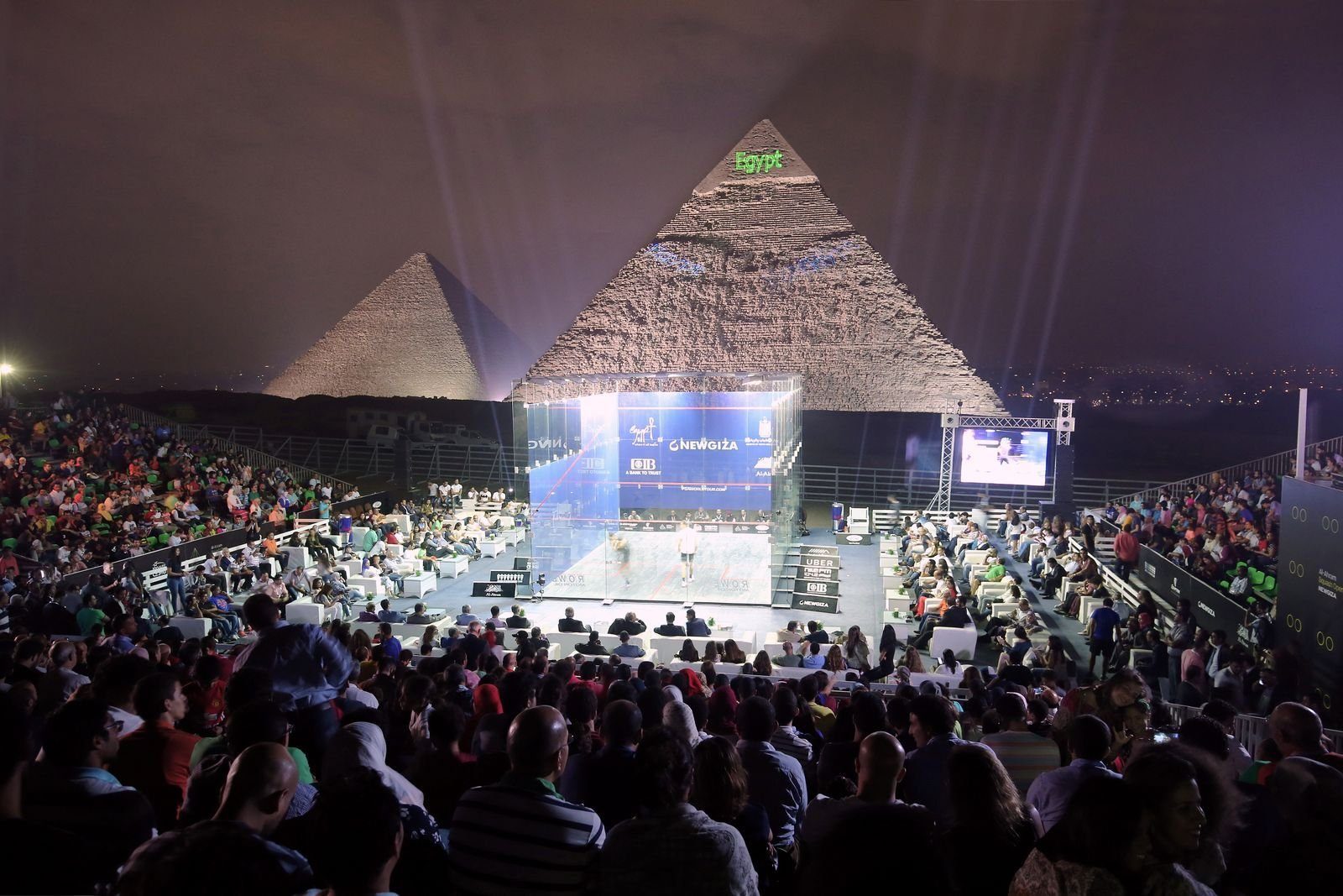Squash Glass Court in front of the Pyramids