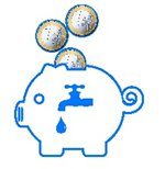 The image shows a piggy bank outline with coins dropping into it. Inside the piggy bank, there is a faucet with a water droplet below it, symbolizing water conservation or cost savings through efficient water use.