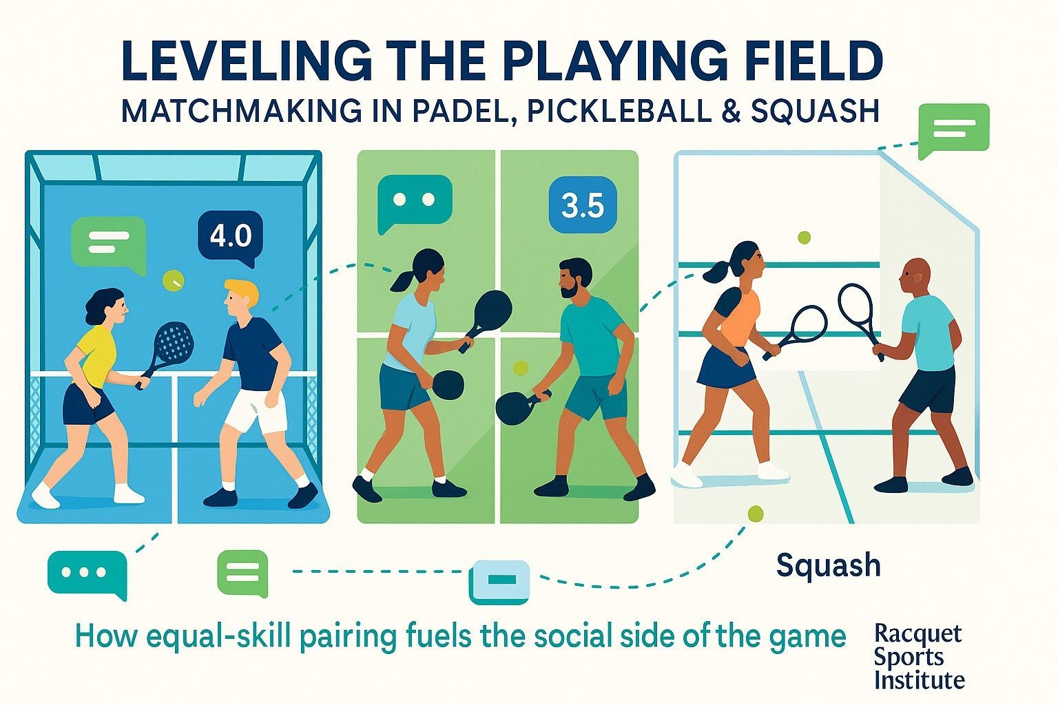 Flat cover illustration split into three panels—padel, pickleball, and squash—showing players matched by skill with rating badges (4.0, 3.5) and chat bubbles. Headline reads ‘Leveling the Playing Field: Matchmaking in Padel, Pickleball & Squash’; subtitle ‘How equal-skill pairing fuels the social side of the game’; Racquet Sports Institute logo.