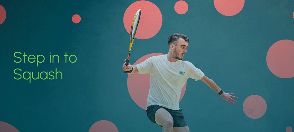 Squash Ireland’s dynamic new branding, featuring colorful "bubbles" symbolizing the immersive environment of a squash court