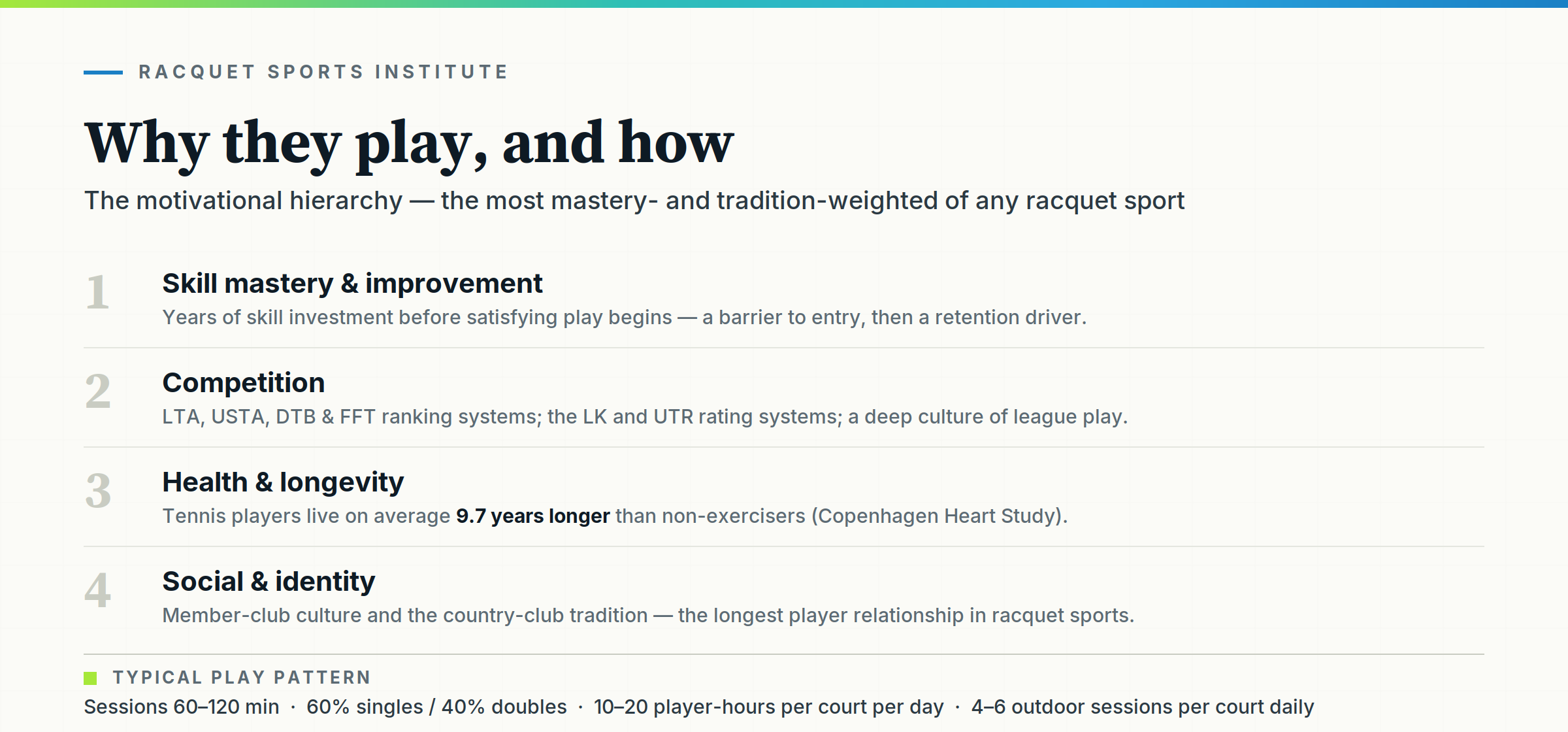 Tennis motivation ranked 1–4 — skill mastery, competition, health and longevity, social and identity — plus typical play-pattern stats.