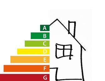 Energy efficiency chart with colored bars labeled A-G next to a simple house sketch. Colors range from green (A) to red (G). Minimalist design.