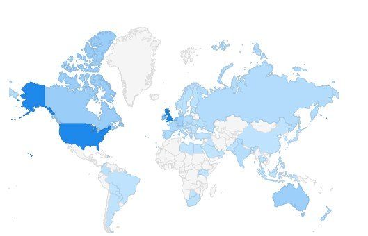 This world map shows that the SFN website attracts visitors from numerous countries worldwide, with the United States generating the highest volume of traffic.