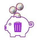 The image shows a piggy bank outline with coins dropping into it. Inside the piggy bank is a trash bin icon, symbolizing waste management or savings achieved through reducing waste.
