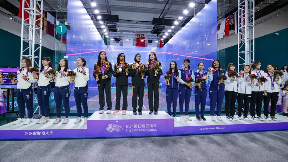 Victory ceremony of the squash team event at the 19th Asian Games in China.