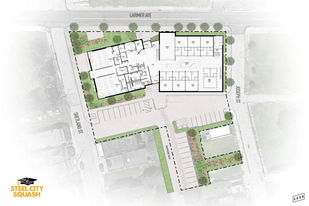 The image is showing the ground plan of the new Steel City Squash facility