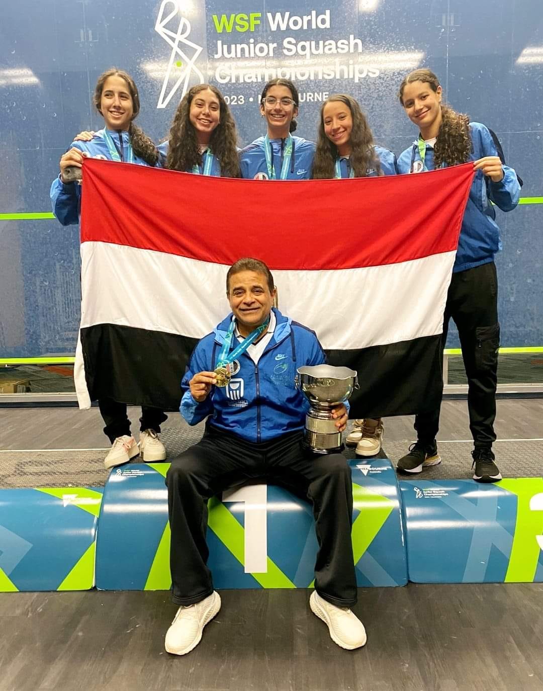 Egyptian team winning the 2023 WSF World Junior Squash Championship in Houston