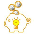The image depicts a piggy bank outline with three coins dropping into it. Inside the piggy bank is a light bulb, symbolizing ideas or energy savings.