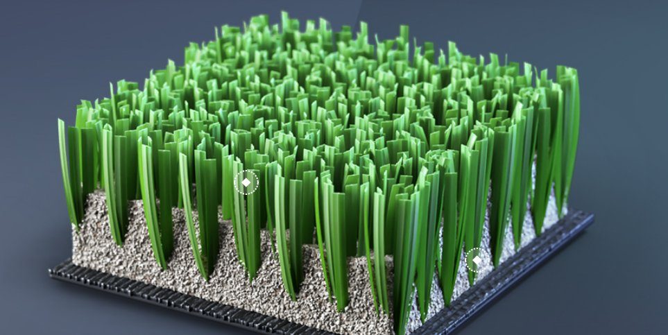 Close-up 3D rendering of monofilament artificial turf, showing upright, blade-like green fibers standing in dense silica sand infill on a black backing layer. This turf type is commonly used for sports surfaces and requires regular sand maintenance to maintain fiber stability and consistent ball performance.