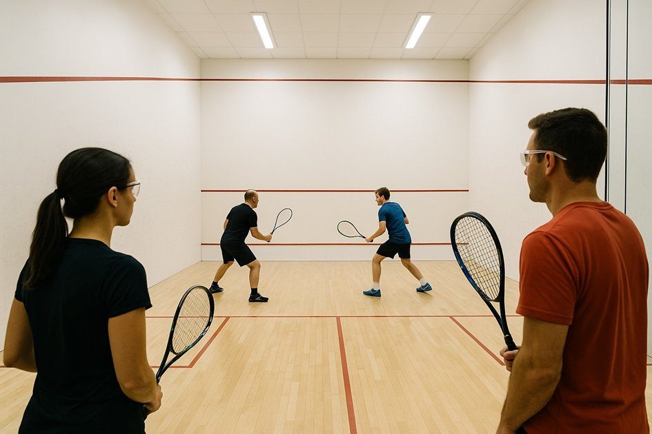 Two adults rally inside a bright indoor squash court with red boundary lines and a glass back wall, while two other players wait just outside holding racquets and wearing protective eyewear. The wooden floor and white walls reflect the even overhead lighting, emphasizing the controlled indoor environment typical of club-based squash facilities.