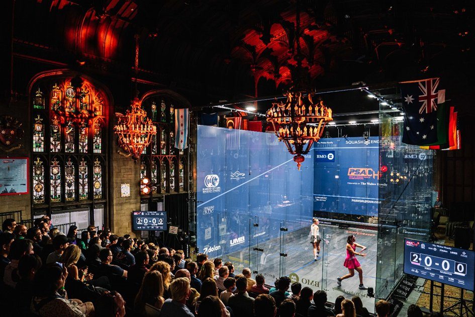 A packed audience watches world-class squash in the stunning Great Hall of Manchester Town Hall during the PSA Manchester Open—where heritage architecture meets the modern game.