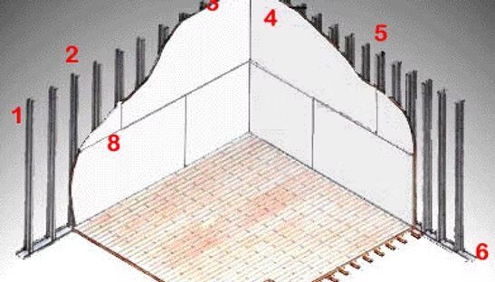 Diagram of a squash court with numbered beams and bricks. Walls are white with outlined panels. Numbers range from 1 to 8. Gray background.